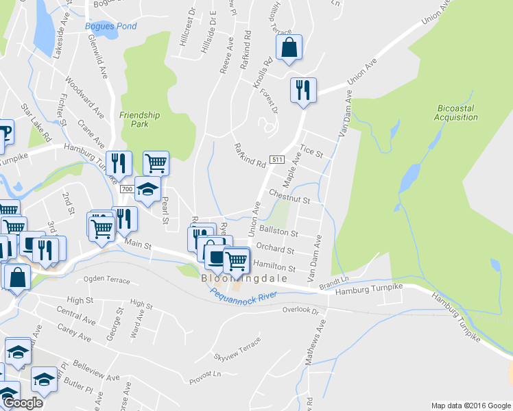 map of restaurants, bars, coffee shops, grocery stores, and more near 51 Union Avenue in Bloomingdale