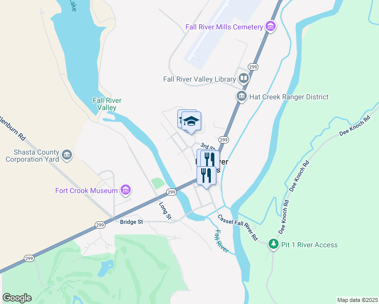 map of restaurants, bars, coffee shops, grocery stores, and more near 24924 Curve Street in Fall River Mills