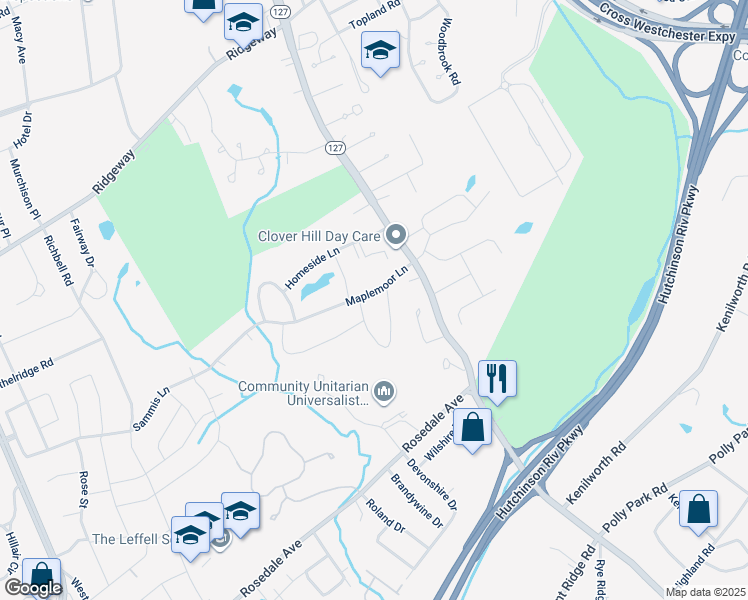 map of restaurants, bars, coffee shops, grocery stores, and more near 13 Maplemoor Lane in White Plains