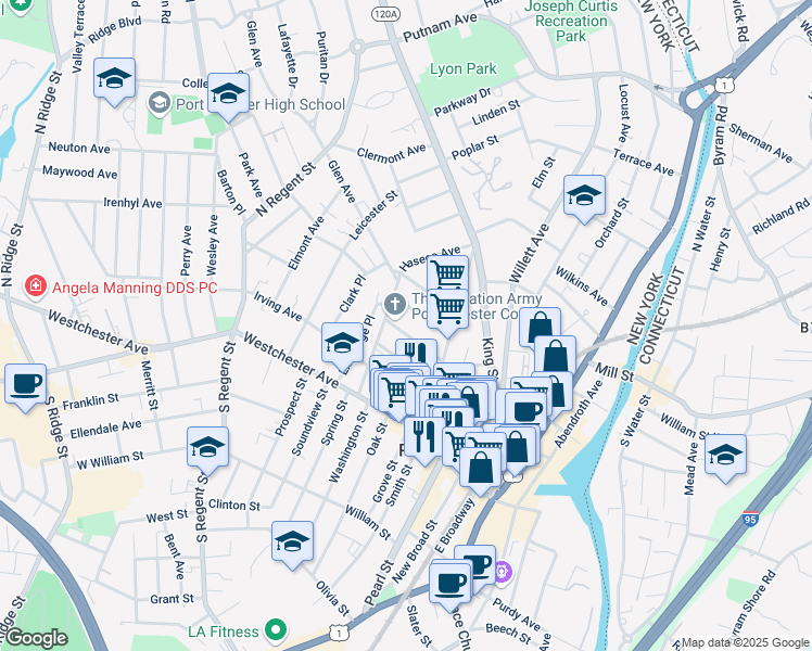 map of restaurants, bars, coffee shops, grocery stores, and more near 61 Haseco Avenue in Port Chester