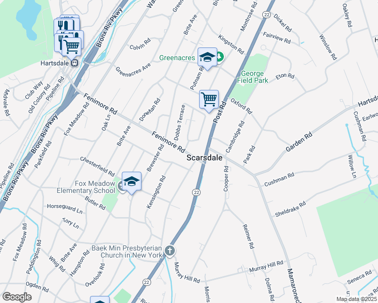 map of restaurants, bars, coffee shops, grocery stores, and more near 1 Ridgecrest West in Scarsdale