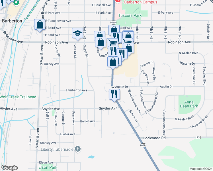 map of restaurants, bars, coffee shops, grocery stores, and more near 414 Crocus Place in Barberton