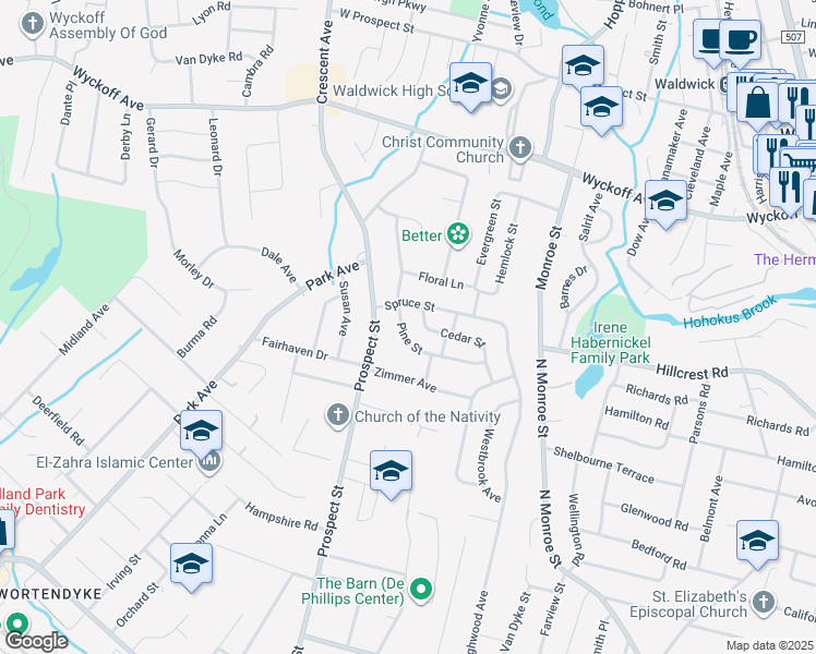 map of restaurants, bars, coffee shops, grocery stores, and more near 20 Pine Street in Midland Park