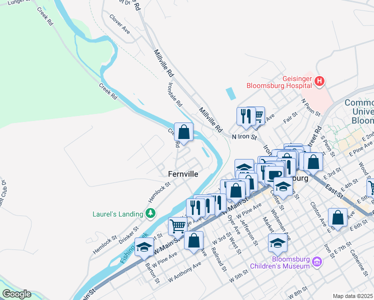map of restaurants, bars, coffee shops, grocery stores, and more near 24 William St in Bloomsburg