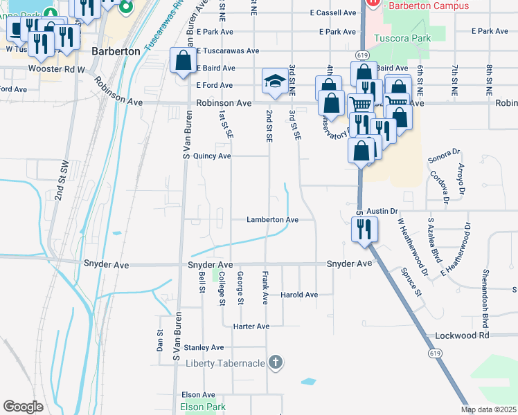 map of restaurants, bars, coffee shops, grocery stores, and more near 178 2nd Street Southeast in Barberton