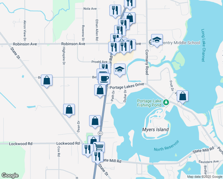 map of restaurants, bars, coffee shops, grocery stores, and more near 1174 Portage Lakes Drive in Akron