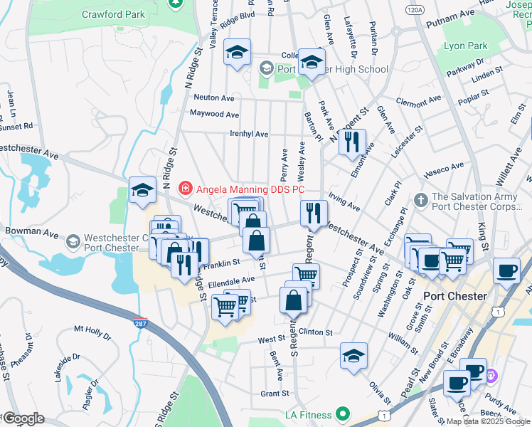 map of restaurants, bars, coffee shops, grocery stores, and more near 18 Breckenridge Avenue in Port Chester