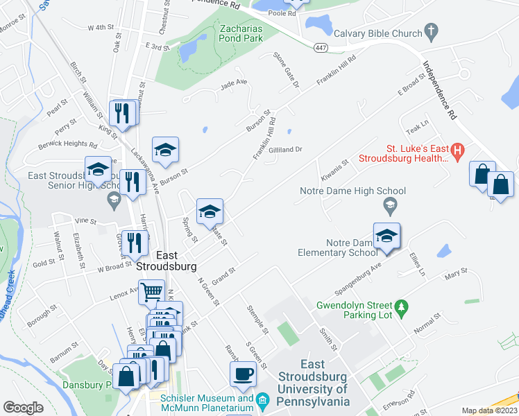 map of restaurants, bars, coffee shops, grocery stores, and more near 221 East Broad Street in East Stroudsburg