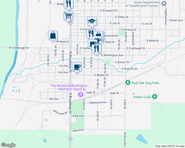 map of restaurants, bars, coffee shops, grocery stores, and more near 100 North 3rd Street in Red Oak