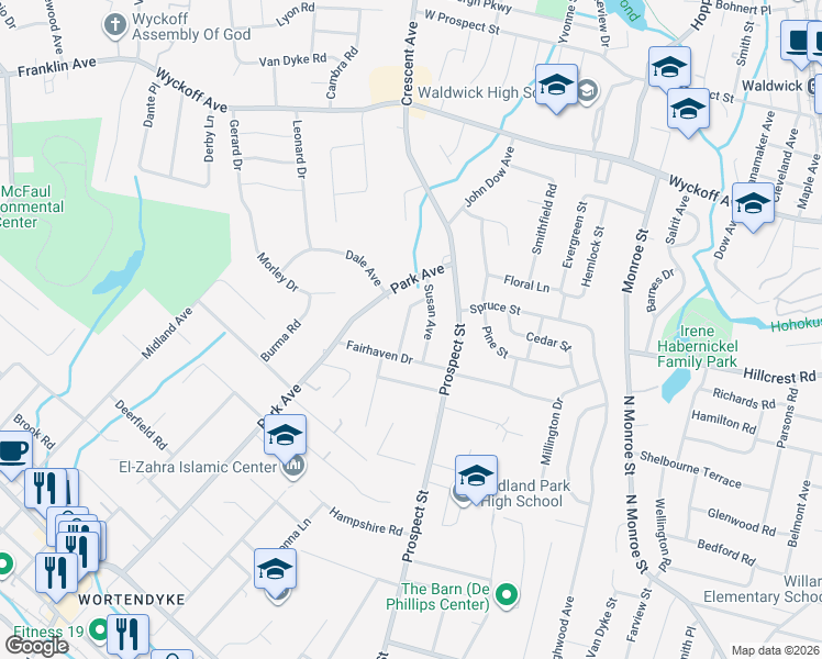 map of restaurants, bars, coffee shops, grocery stores, and more near 26 Waldo Avenue in Midland Park