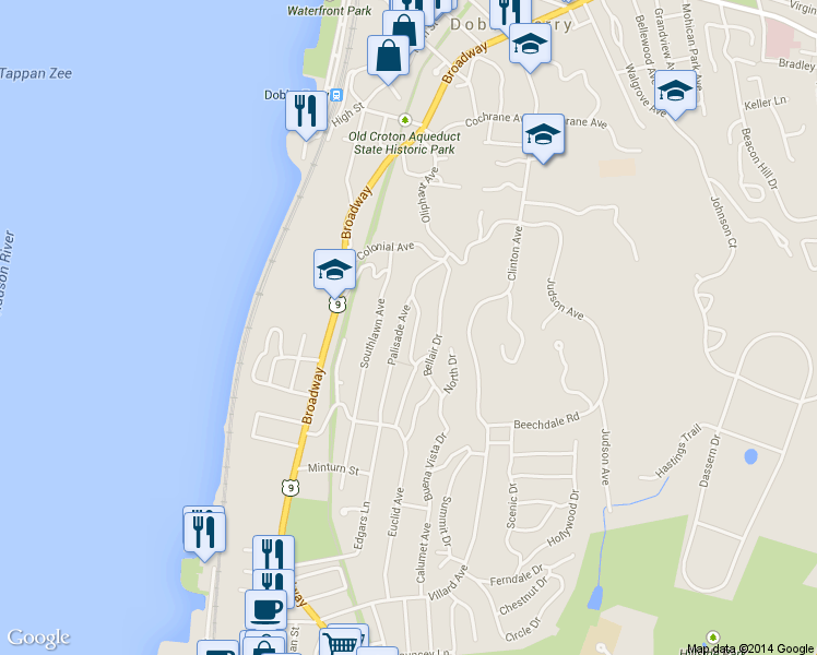 map of restaurants, bars, coffee shops, grocery stores, and more near 260 Palisade Avenue in Dobbs Ferry