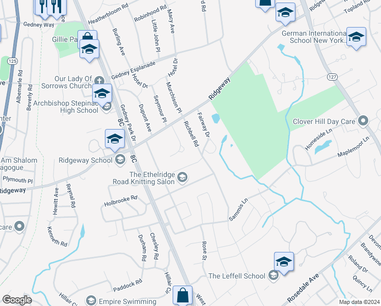 map of restaurants, bars, coffee shops, grocery stores, and more near 26 Ridgeway Circle in White Plains