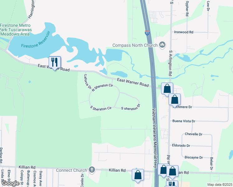 map of restaurants, bars, coffee shops, grocery stores, and more near 704 South Sheraton Circle in Akron