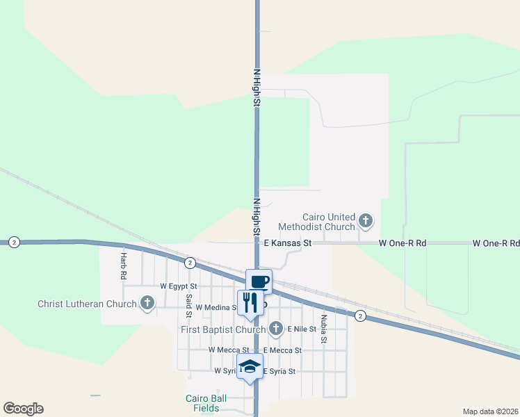 map of restaurants, bars, coffee shops, grocery stores, and more near 6081 North State Highway 11 in Cairo