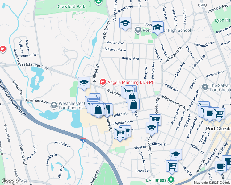 map of restaurants, bars, coffee shops, grocery stores, and more near 1133 Westchester Avenue in Rye Brook