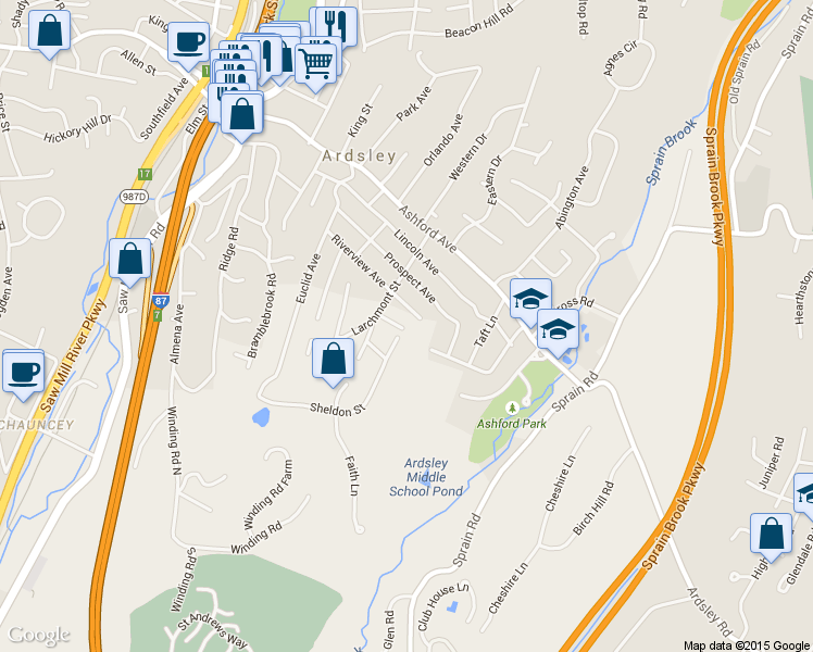 map of restaurants, bars, coffee shops, grocery stores, and more near 12 Sheldon Street in Ardsley