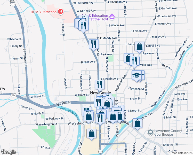 map of restaurants, bars, coffee shops, grocery stores, and more near 401 North Jefferson Street in New Castle