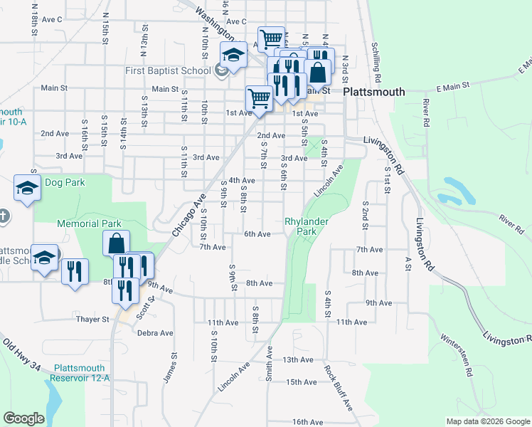 map of restaurants, bars, coffee shops, grocery stores, and more near 617 South 7th Street in Plattsmouth