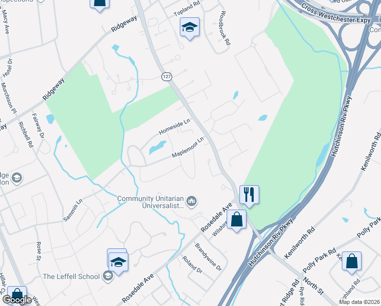 map of restaurants, bars, coffee shops, grocery stores, and more near 13 Maplemoor Lane in White Plains