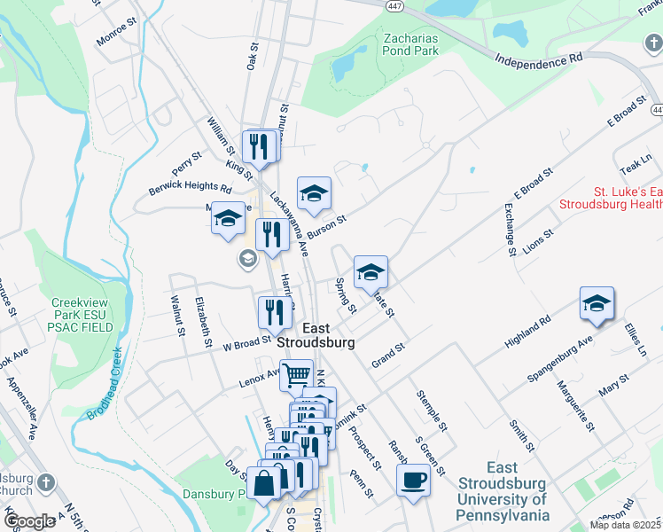 map of restaurants, bars, coffee shops, grocery stores, and more near 201 Spring Street in East Stroudsburg