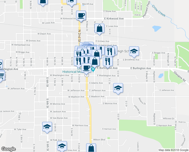 map of restaurants, bars, coffee shops, grocery stores, and more near 208 South Court Street in Fairfield