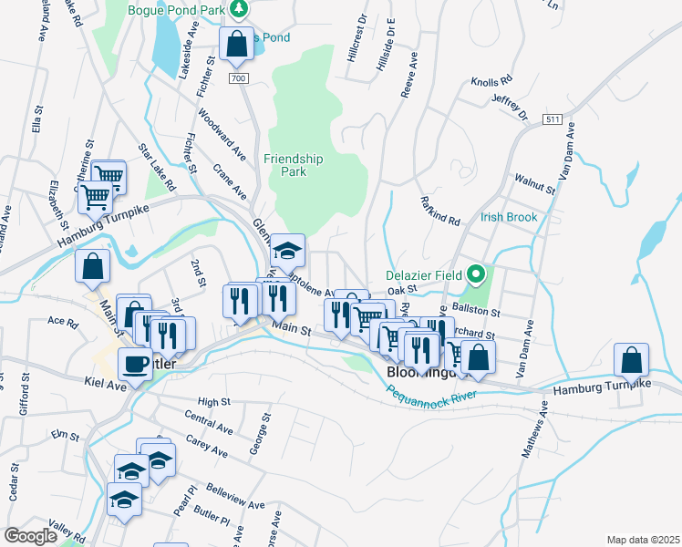 map of restaurants, bars, coffee shops, grocery stores, and more near 19 Valley View Street in Bloomingdale