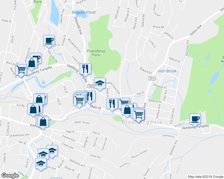 map of restaurants, bars, coffee shops, grocery stores, and more near 19 Valley View Street in Bloomingdale