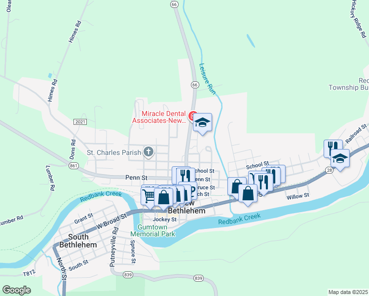 map of restaurants, bars, coffee shops, grocery stores, and more near 515 Wood Street in New Bethlehem