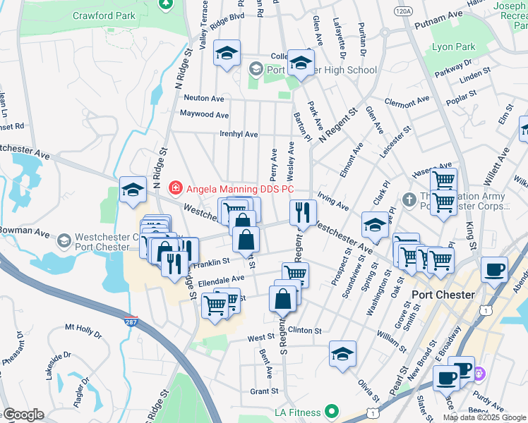 map of restaurants, bars, coffee shops, grocery stores, and more near 18 Breckenridge Avenue in Port Chester