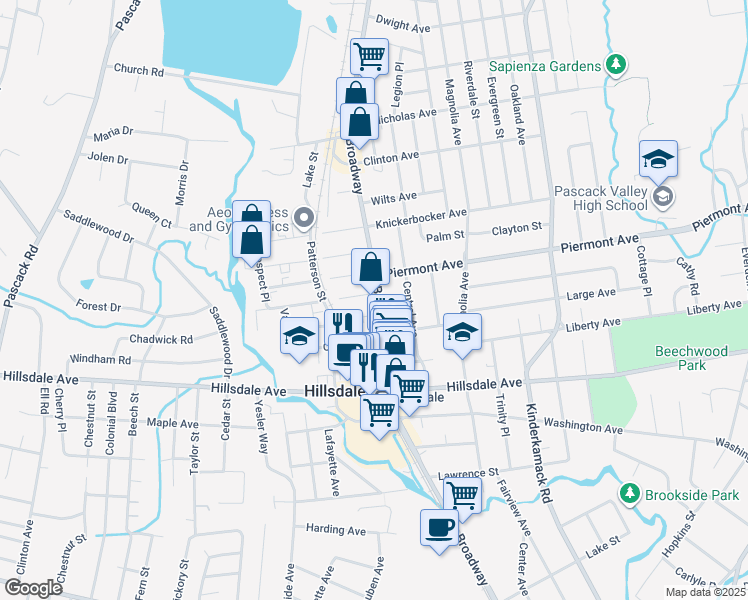 map of restaurants, bars, coffee shops, grocery stores, and more near 185 Broadway in Hillsdale
