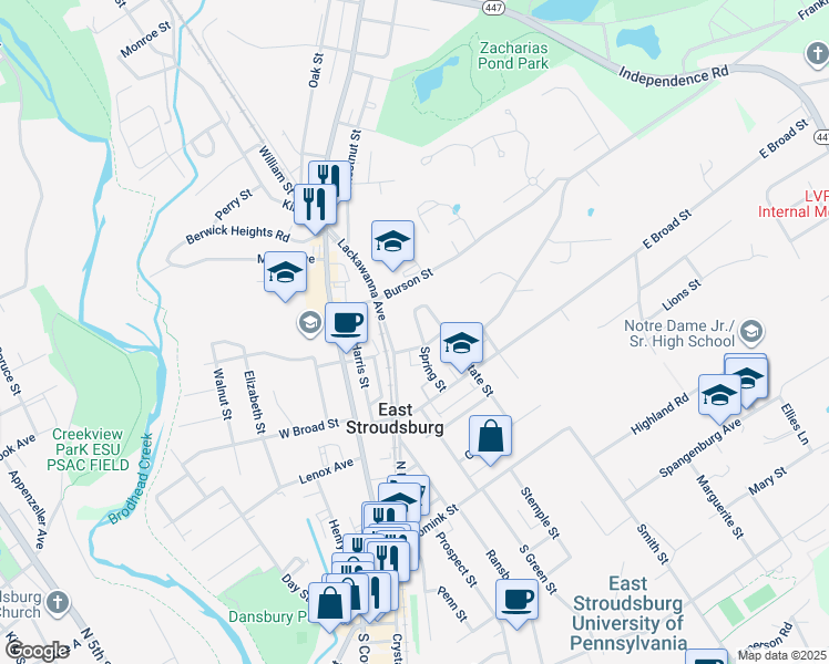 map of restaurants, bars, coffee shops, grocery stores, and more near 204 Lackawanna Avenue in East Stroudsburg