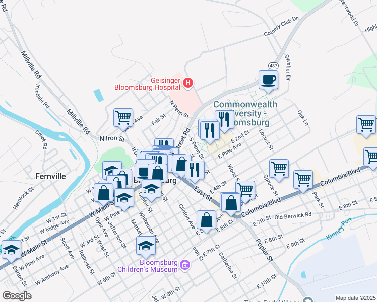 map of restaurants, bars, coffee shops, grocery stores, and more near 361 East 2nd Street in Bloomsburg