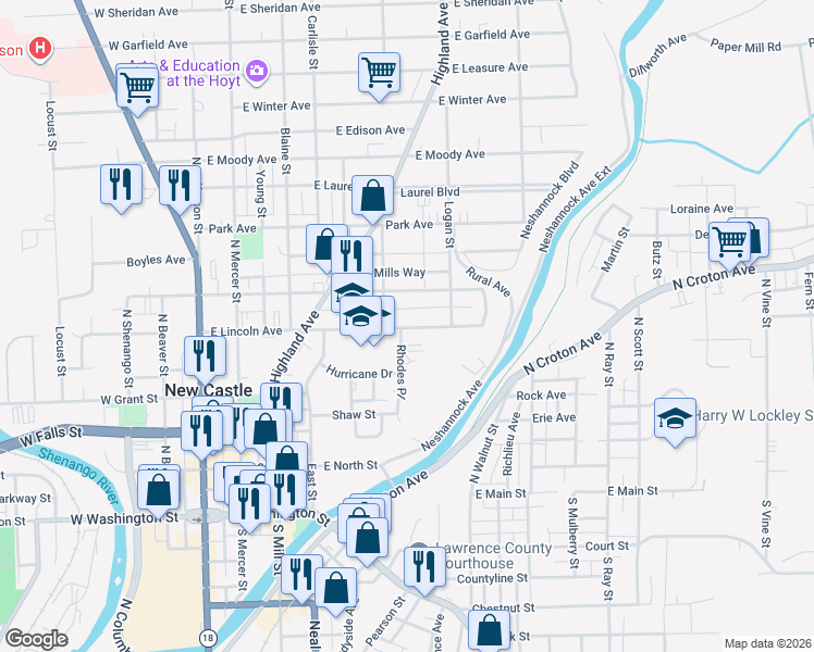 map of restaurants, bars, coffee shops, grocery stores, and more near 320 East Lincoln Avenue in New Castle