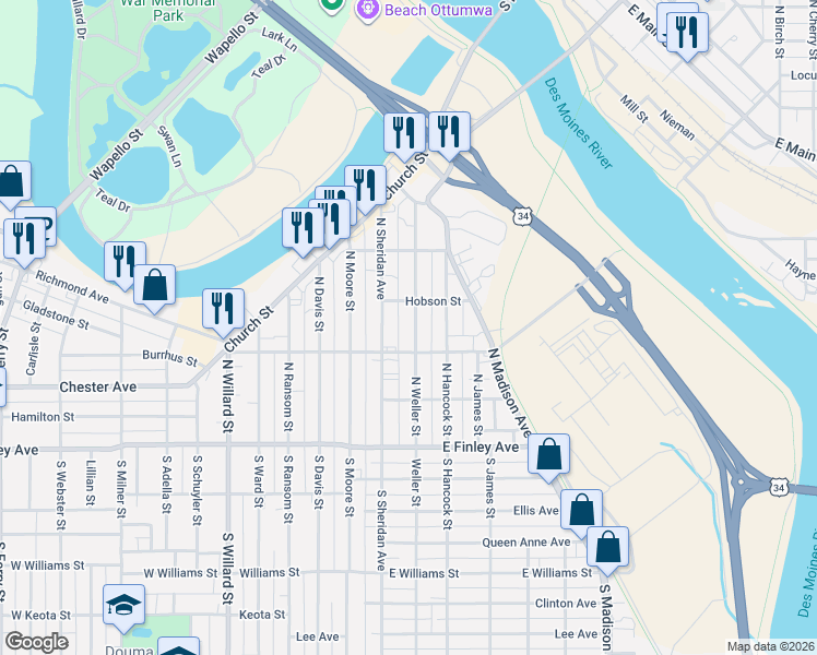 map of restaurants, bars, coffee shops, grocery stores, and more near 300-398 N Sheridan Ave in Ottumwa