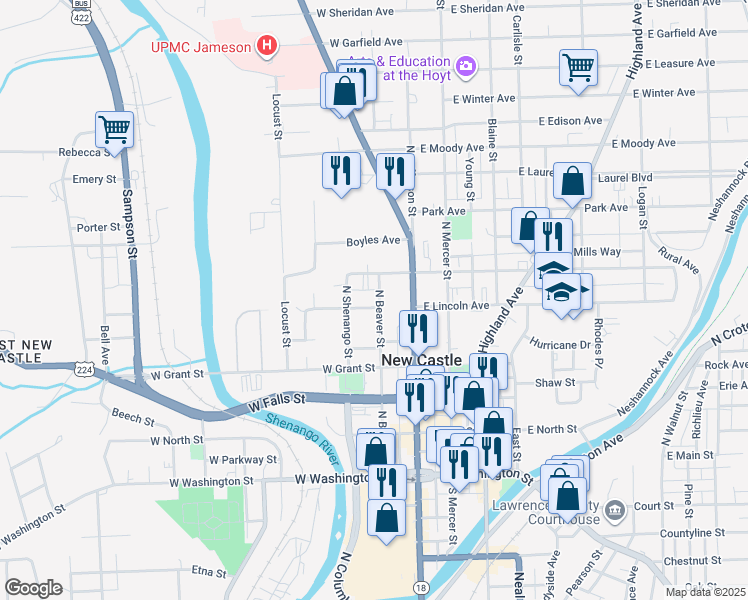map of restaurants, bars, coffee shops, grocery stores, and more near 102 West Lincoln Avenue in New Castle
