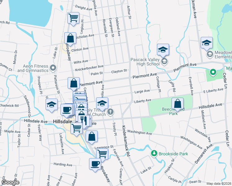 map of restaurants, bars, coffee shops, grocery stores, and more near 94 Large Avenue in Hillsdale