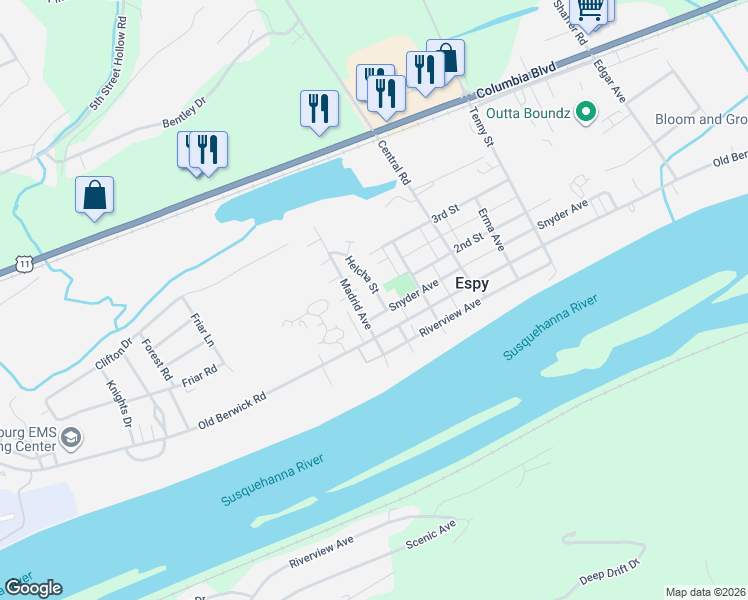 map of restaurants, bars, coffee shops, grocery stores, and more near 200 Helcha Street in Bloomsburg