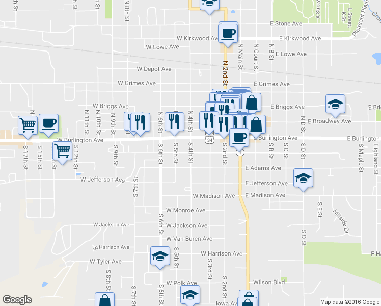 map of restaurants, bars, coffee shops, grocery stores, and more near 400 West Washington Avenue in Fairfield