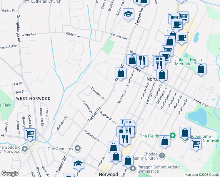 map of restaurants, bars, coffee shops, grocery stores, and more near 485 Tappan Road in Norwood