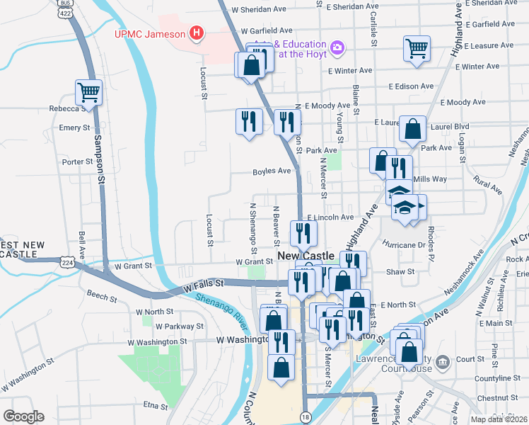 map of restaurants, bars, coffee shops, grocery stores, and more near 102 West Lincoln Avenue in New Castle