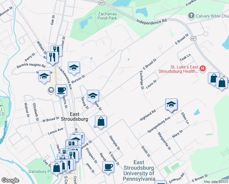 map of restaurants, bars, coffee shops, grocery stores, and more near 221 East Broad Street in East Stroudsburg