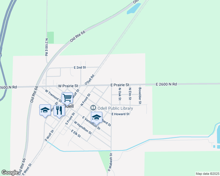 map of restaurants, bars, coffee shops, grocery stores, and more near 410 North Morgan Street in Odell