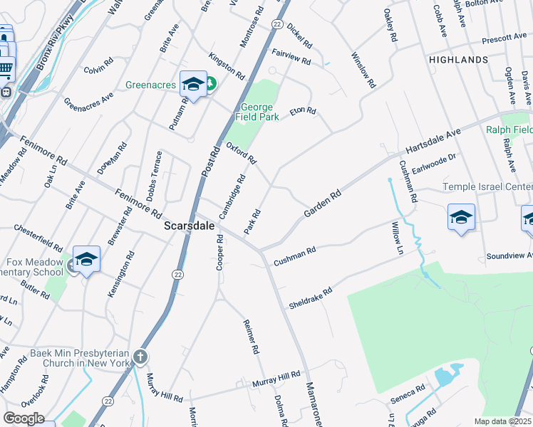 map of restaurants, bars, coffee shops, grocery stores, and more near 12 Park Road in Scarsdale