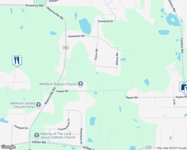 map of restaurants, bars, coffee shops, grocery stores, and more near 1826 Grace Road in Akron