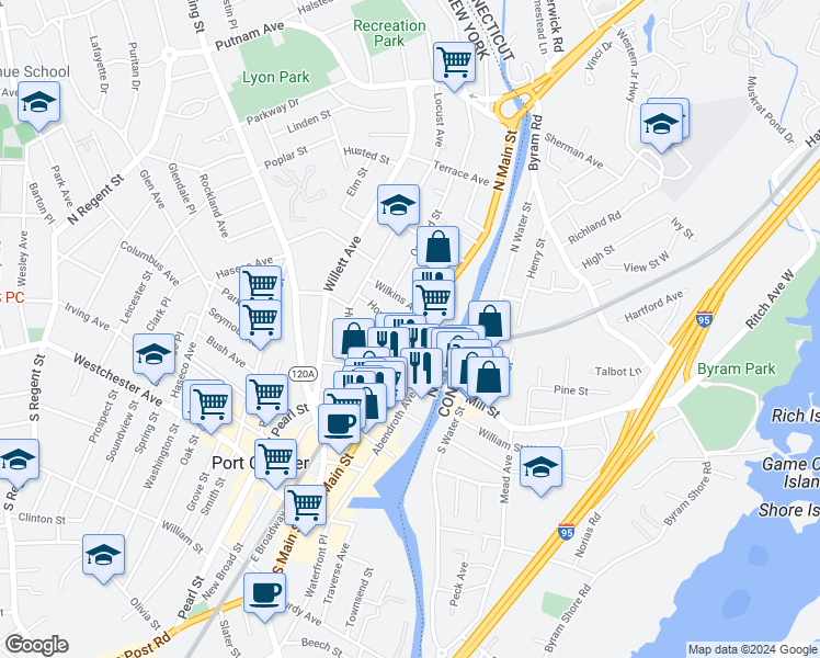 map of restaurants, bars, coffee shops, grocery stores, and more near 25 Horton Avenue in Port Chester