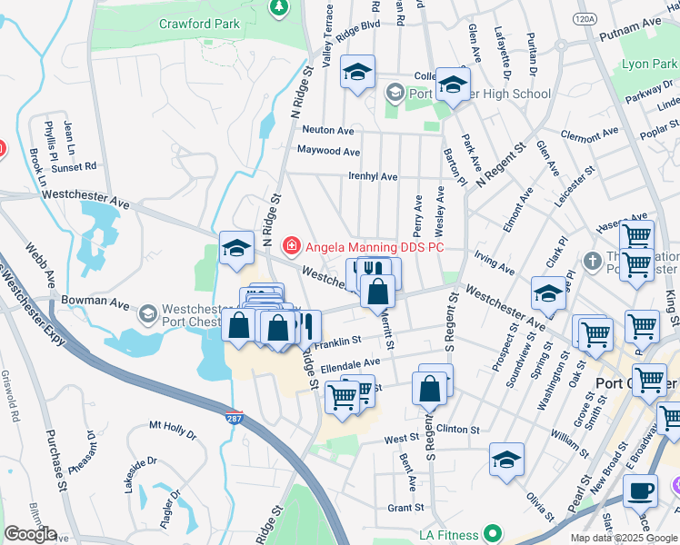 map of restaurants, bars, coffee shops, grocery stores, and more near 1133 Westchester Avenue in Rye Brook