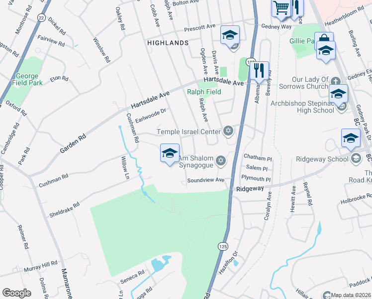 map of restaurants, bars, coffee shops, grocery stores, and more near 233 Soundview Avenue in White Plains