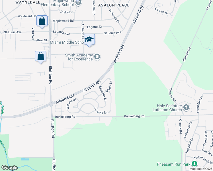 map of restaurants, bars, coffee shops, grocery stores, and more near Hickory Court in Fort Wayne