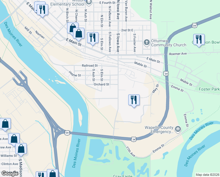 map of restaurants, bars, coffee shops, grocery stores, and more near 511 South Fellows Avenue in Ottumwa