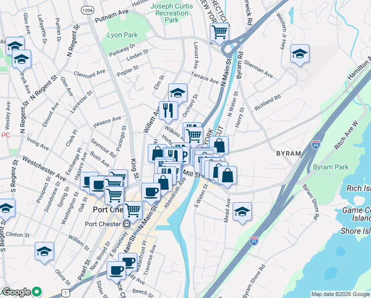 map of restaurants, bars, coffee shops, grocery stores, and more near 1 Landmark Square in Port Chester